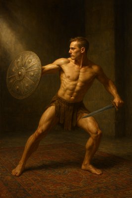 a painting of a man with a sword and shield