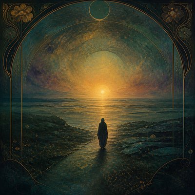 a solitary figure walking toward a glowing horizon across an empty plain, moody atmosphere, no text or lettering