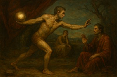 a painting of a man holding a ball in his hand