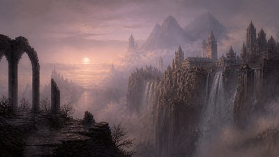 a cliffside city with waterfalls cascading into a misty canyon, wide establishing shot, no people, no text