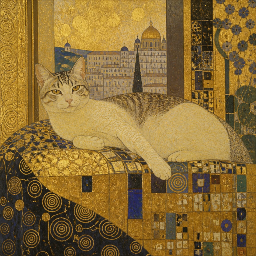 a cat lounging in a sunlit window — Austrian Art Style