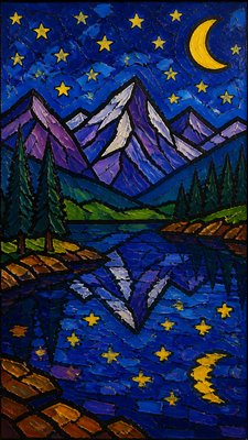 a tranquil mountain lake beneath a starry night sky, no people, no text