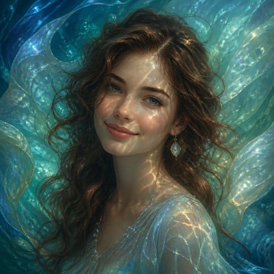 head-and-shoulders portrait of an original character: a young woman with wavy chestnut hair and a warm smile, plain soft backdrop