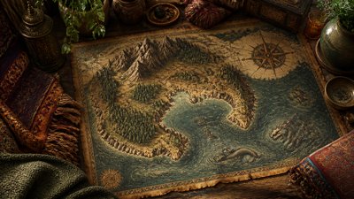 a map of an island realm with mountains, forests, a sheltered bay, sea monsters in the water and a compass rose, no text labels