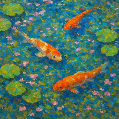 A koi pond seen from above, orange and white koi fish swimming among lily pads, clear water with subtle ripples, fallen cherry blossom petals floating on the surface, dappled sunlight