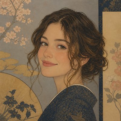 head-and-shoulders portrait of an original character: a young woman with wavy chestnut hair and a warm smile, plain soft backdrop