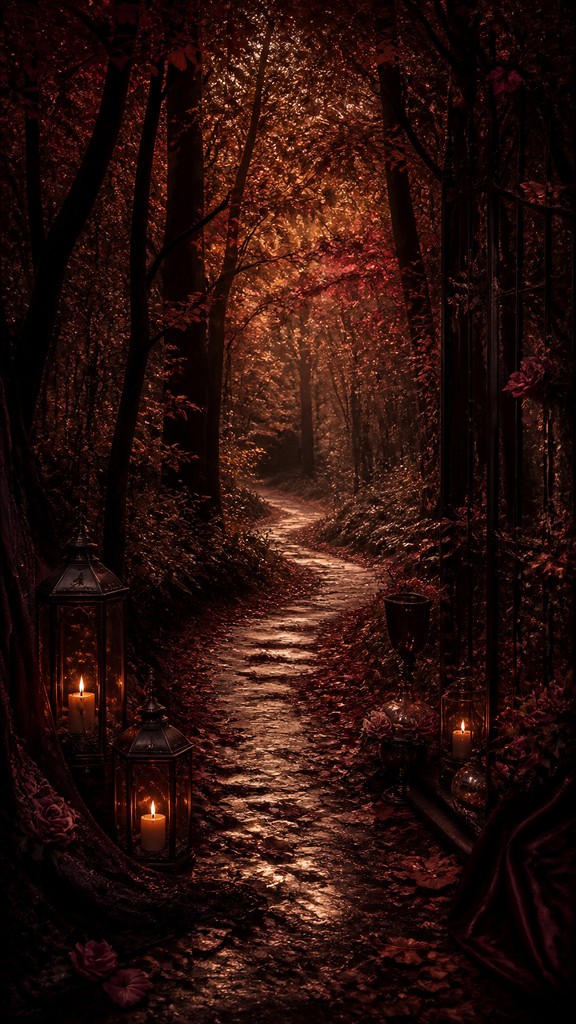a winding forest path in golden autumn light, no people