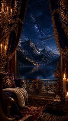 a tranquil mountain lake beneath a starry night sky, no people, no text