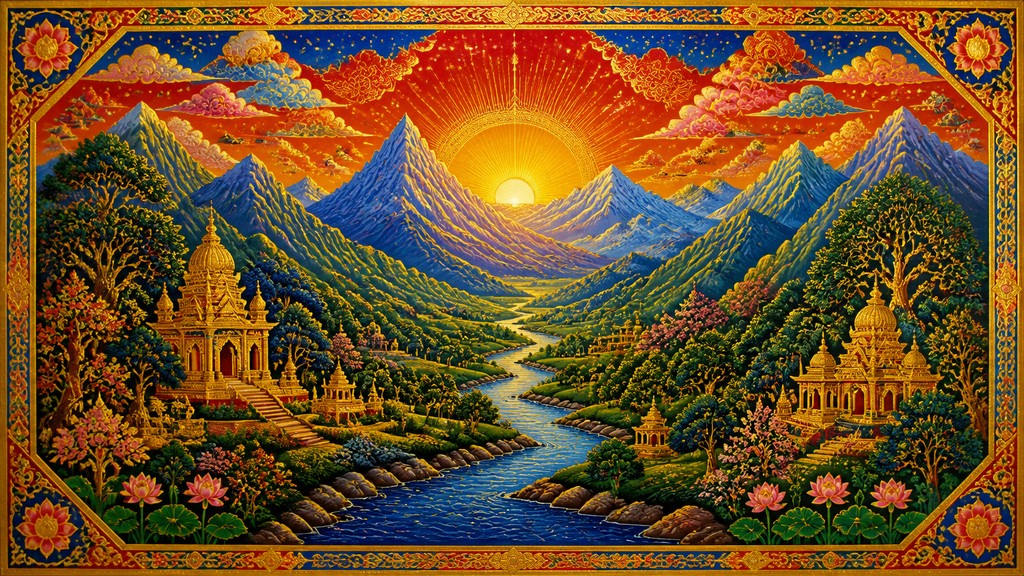 a vast valley with a river winding toward distant mountains at sunrise, no people, no text
