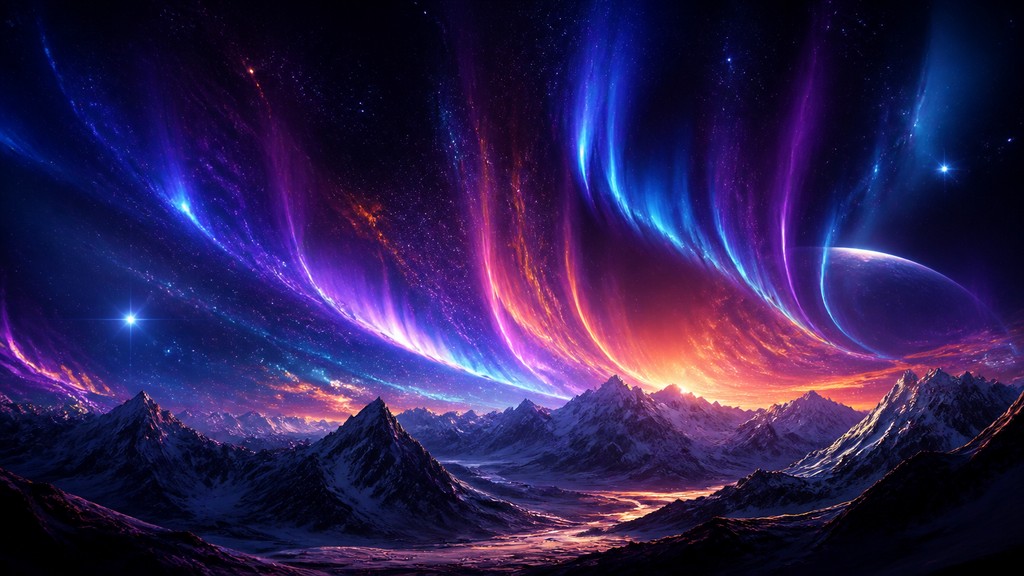 a flowing aurora over snowy peaks, wide sweeping composition, no people, no text