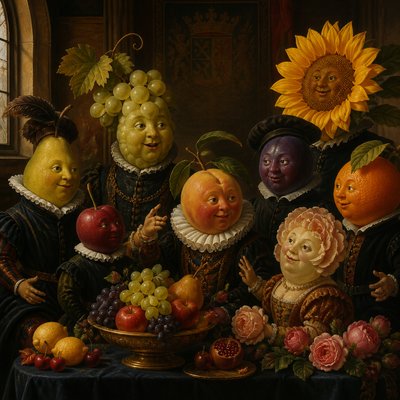 still life arrangement of fruits and flowers