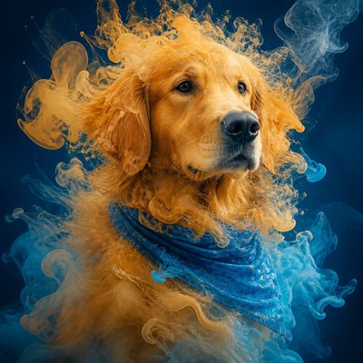portrait of a golden retriever wearing a blue bandana, warm plain backdrop, no text