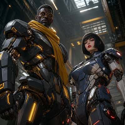 two original characters side by side: a tall dark-skinned man with round gold glasses, gray-flecked short hair and a mustard scarf, and a pale woman with a sleek black bob, red lipstick and denim overalls