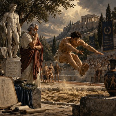 Polyclitus and an athlete doing a long jump