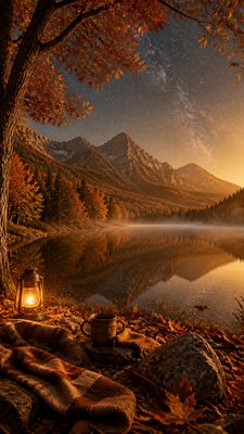 a tranquil mountain lake beneath a starry night sky, no people, no text