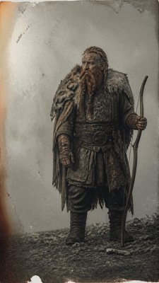 full-body original character: a dwarven ranger with a braided auburn beard, worn leather armor, a longbow and a wolf-pelt cloak, neutral background, no text