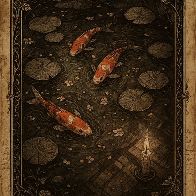 A koi pond seen from above, orange and white koi fish swimming among lily pads, clear water with subtle ripples, fallen cherry blossom petals floating on the surface, dappled sunlight