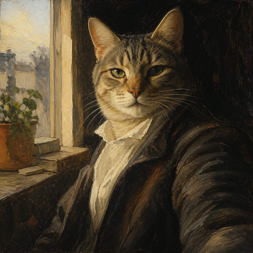 a cat lounging in a sunlit window — Self-Portrait Painting Style