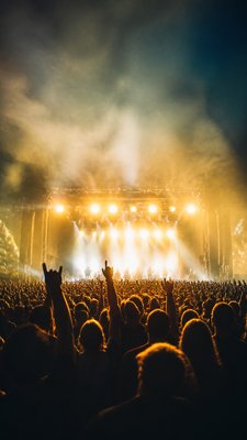 a live music scene with a glowing stage and silhouetted crowd, energetic vertical composition with open space at the top, no text