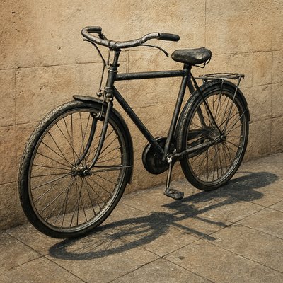 bicyle resting against a wall