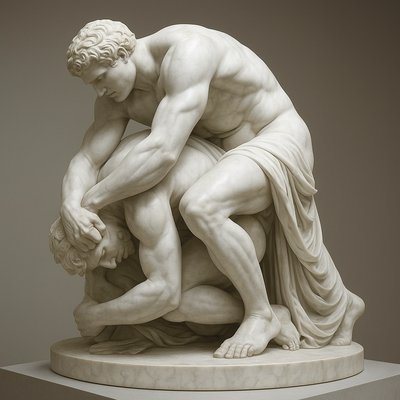 a statue of two men touching each other