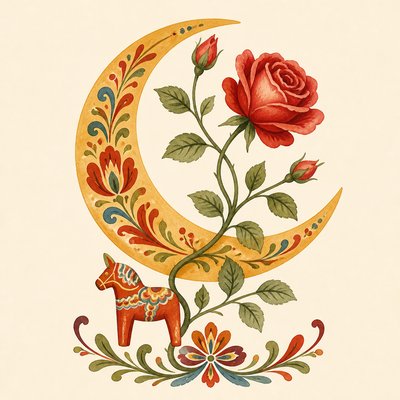 a rose entwined with a crescent moon, clean balanced composition on a plain background, no text