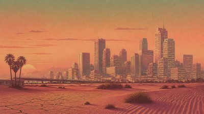 a city skyline panorama at dusk with glowing windows, no people