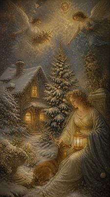 a snow-covered cottage with warm glowing windows beside a decorated pine tree, gentle snowfall, no text
