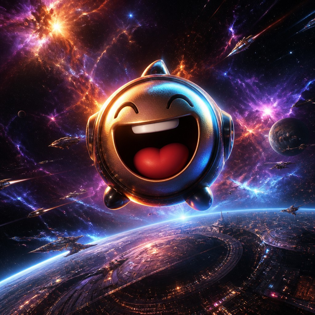 an exaggerated laughing face of an original round mascot character, bold and readable at small size, plain background, no text