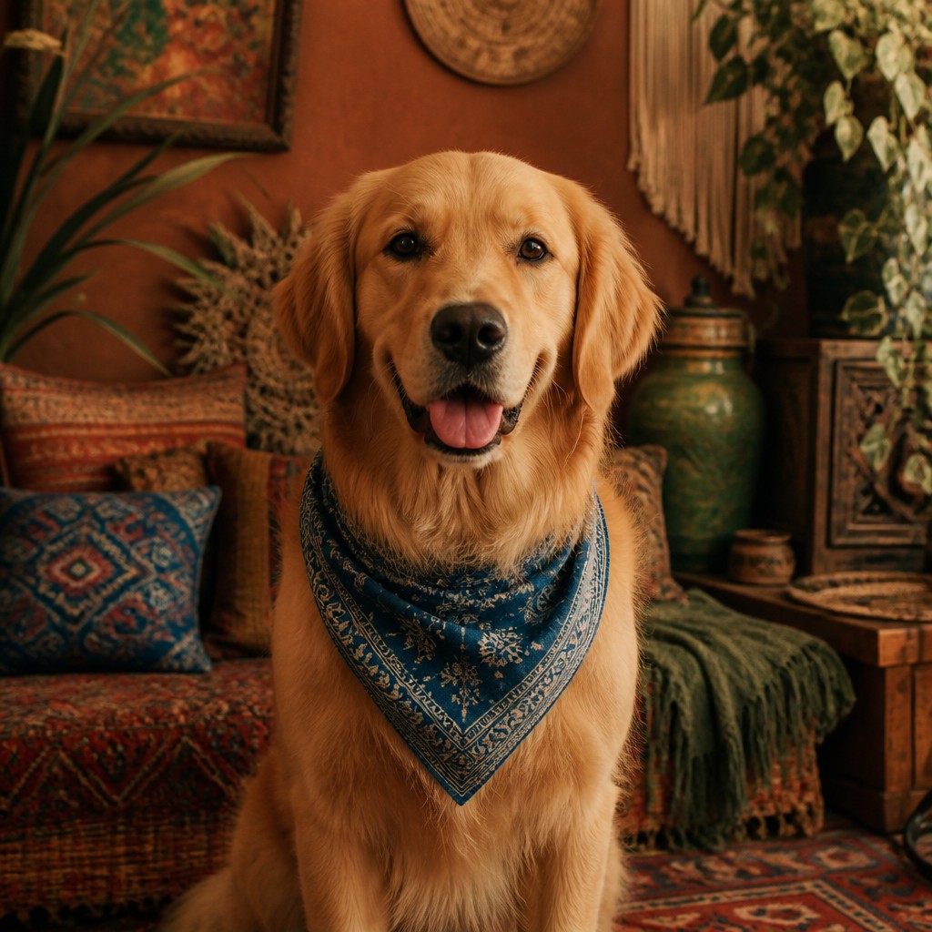 portrait of a golden retriever wearing a blue bandana, warm plain backdrop, no text