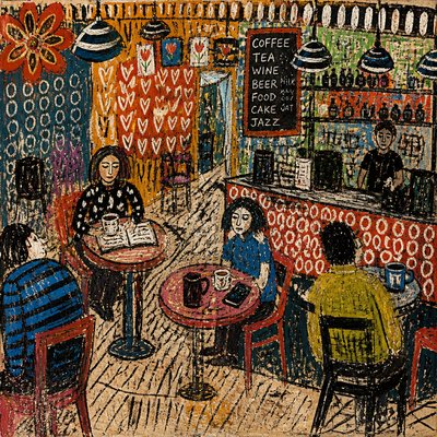 cozy cafe interior with warm lighting