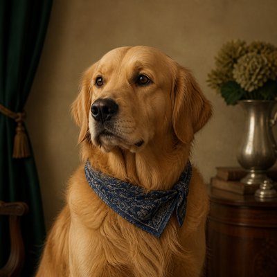 portrait of a golden retriever wearing a blue bandana, warm plain backdrop, no text