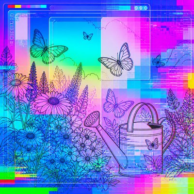 a garden scene with butterflies, flowers and a watering can, clean uncolored line art, no text