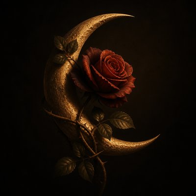 a rose entwined with a crescent moon, clean balanced composition on a plain background, no text