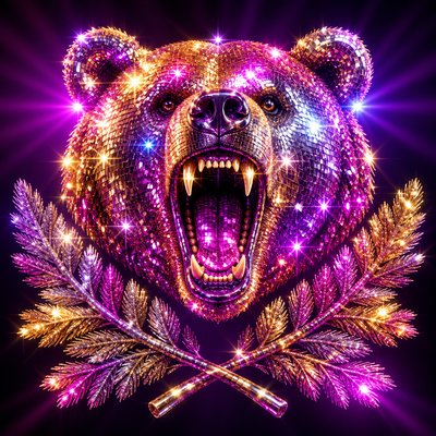 a roaring bear head above crossed pine branches, bold graphic composition on a plain background, no text