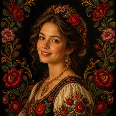 head-and-shoulders portrait of an original character: a young woman with wavy chestnut hair and a warm smile, plain soft backdrop
