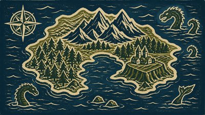 a map of an island realm with mountains, forests, a sheltered bay, sea monsters in the water and a compass rose, no text labels