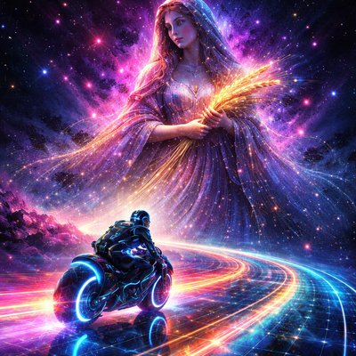 Neon-Futurism Digital Art Style, Bioluminescent Sci-Fi Cosmic Setting. A sleek, futuristic scene set deep in the interstellar void, with absolutely no Earth terrain, asphalt, or atmosphere visible.

The Path (The Ecliptic): The "road" is a floating, translucent highway constructed entirely of glowing blue and orange laser grids and condensed stardust, arcing through infinite dark space.

The Rider: A lone rider on a futuristic, hubless "light-cycle" sportbike speeds along this cosmic path. The rider is fully encased in a sleek, glowing armored suit with an integrated full-face helmet, leaving a vibrant neon light trail behind them.

The Constellation (Modest Virgo): Dominating the cosmic background is the immense celestial avatar of Virgo, portrayed with a traditional, honorable, and modest virginal look. She is fully clothed in voluminous, flowing robes woven from shimmering stardust, deep violet nebulae, and golden light threads that cover her from neck to toe. A dignified, star-studded veil or hood frames her face. She is a majestic, modest queen of the cosmos, holding a sheaf of wheat made of glowing stars, looking down calmly at the rider.