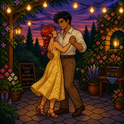 an original couple dancing under string lights in a garden at dusk: a man with short black hair in a linen shirt and a woman with braided red hair in a summer dress