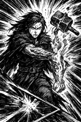 a drawing of a woman with a hammer in her hand