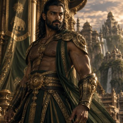 Je veux que tu me fasses un guerrier, tres modern avec une armure moderne genre full vert sombre or et voileen soie transparent mais juste un peu si besoin mais il a une armure en or plutot mastock genre le voile c’est juste histoire de rajouter du tissu sans manche ni haut  in voit ses muscle et il a une barbe et des cheveux long lisse plaqué en arriere il est hot et un peu poilu pour le realisme il est brun  et a des yeux vert brillant, on dirait presque un dieu de l’inde ancien avec l’ethnie aui va avec 
