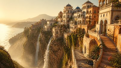 a cliffside city with waterfalls cascading into a misty canyon, wide establishing shot, no people, no text