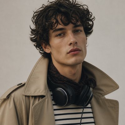 head-and-shoulders portrait of an original character: a young man with curly dark hair and headphones around his neck, plain backdrop, no text