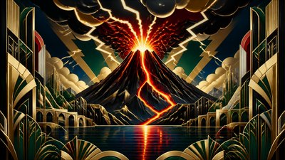 an erupting volcano with lightning strikes, dramatic wide composition, no text