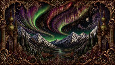 a flowing aurora over snowy peaks, wide sweeping composition, no people, no text