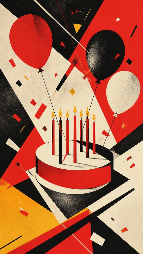 a birthday cake with lit candles surrounded by balloons and confetti, festive vertical composition, no text