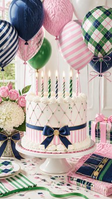 a birthday cake with lit candles surrounded by balloons and confetti, festive vertical composition, no text