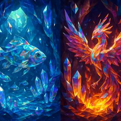 When you pass through the waters,
    I will be with you;
and when you pass through the rivers,
    they will not sweep over you.
When you walk through the fire,
    you will not be burned;
    the flames will not set you ablaze.

make a scene with the ocean fish and then a phoenix 
