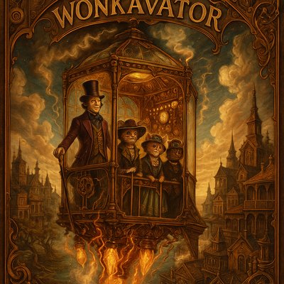 An awe-inspiring and whimsical scene featuring Willy Wonka's Great Glass Wonkavator, soaring high above Louisiana and ascending into a fantastical sky. The Wonkavator itself is a magnificent, multi-directional glass elevator, transparent and sparkling, with Willy Wonka (in his iconic purple coat and top hat), and several  cats in stylish New Orleans clothing clearly visible and enjoying the ride inside. The interior of the Wonkavator shows intricate, whimsical control panels. The Wonkavator is depicted in mid-flight, having just burst through the factory roof or rising above the clouds. Below it, the fantastical landscape of the Bayou and various whimsical buildings from the city of New Orleans. Beyond is the ocean. The lighting is bright and magical, emphasizing the glass's transparency and the vibrant colors of the world below and beyond. The overall mood is one of boundless adventure, limitless possibilities, and pure, joyful fantasy."