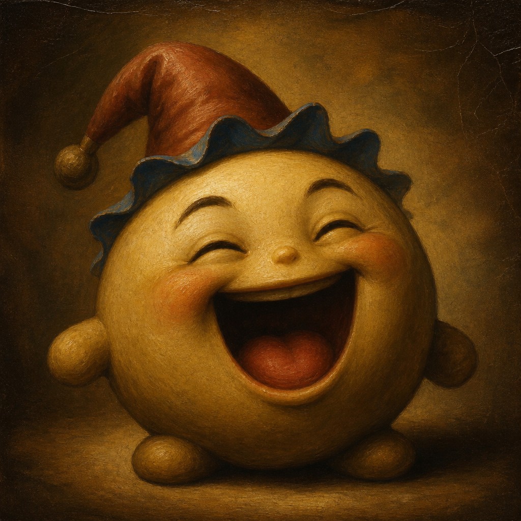 an exaggerated laughing face of an original round mascot character, bold and readable at small size, plain background, no text